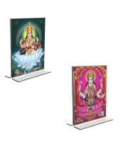 Car Desk/Table Top Maa Saraswati & Maa Lakshmi  Acrylic T-Style Photo Stand - 2.5x3.5 Inches, Compact And Stylish Spiritual Display, Easily Change  2 Photos ( Pack Of 1 ) (F9308)