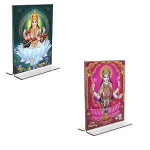 Car Desk/Table Top Maa Saraswati & Maa Lakshmi Acrylic T-Style Photo Stand - 2.5x3.5 Inches, Compact And Stylish Spiritual Display, Easily Change 2 Photos ( Pack Of 1 ) (F9308) Car Desk/Table Top Maa Saraswati & Maa Lakshmi Acrylic T-Style Photo Stand - 2.5x3.5 Inches, Compact And Stylish Spiritual Display, Easily Change 2 Photos ( Pack Of 1 ) (F9308)