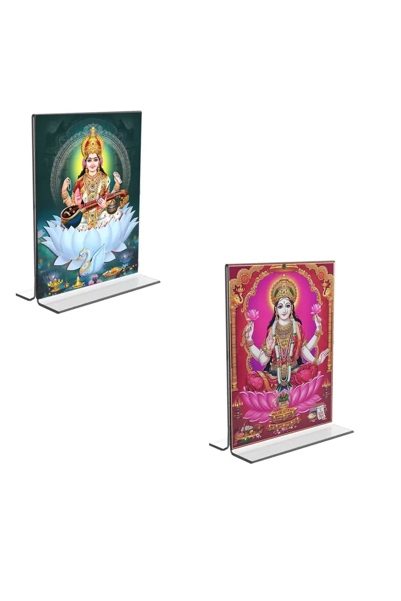 Car Desk/Table Top Maa Saraswati & Maa Lakshmi  Acrylic T-Style Photo Stand - 2.5x3.5 Inches, Compact And Stylish Spiritual Display, Easily Change  2 Photos ( Pack Of 1 ) (F9308)