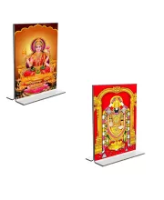 Car Desk/Table Top Maa Lakshmi & Lord Tirupati Balaji  Acrylic T-Style Photo Stand - 2.5x3.5 Inches, Compact And Stylish Spiritual Display, Easily Change  2 Photos ( Pack Of 1 ) (F9309)