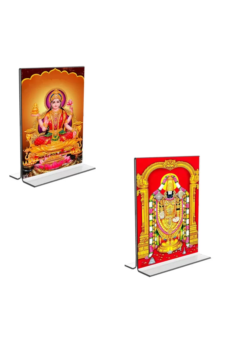 Car Desk/Table Top Maa Lakshmi & Lord Tirupati Balaji  Acrylic T-Style Photo Stand - 2.5x3.5 Inches, Compact And Stylish Spiritual Display, Easily Change  2 Photos ( Pack Of 1 ) (F9309)