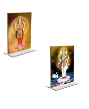 Car Desk/Table Top Maa Saraswati & Maa Lakshmi  Acrylic T-Style Photo Stand - 2.5x3.5 Inches, Compact And Stylish Spiritual Display, Easily Change  2 Photos ( Pack Of 1 ) (F9310)