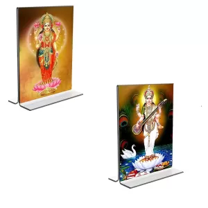 Car Desk/Table Top Maa Saraswati & Maa Lakshmi Acrylic T-Style Photo Stand - 2.5x3.5 Inches, Compact And Stylish Spiritual Display, Easily Change 2 Photos ( Pack Of 1 ) (F9310) Car Desk/Table Top Maa Saraswati & Maa Lakshmi Acrylic T-Style Photo Stand - 2.5x3.5 Inches, Compact And Stylish Spiritual Display, Easily Change 2 Photos ( Pack Of 1 ) (F9310)