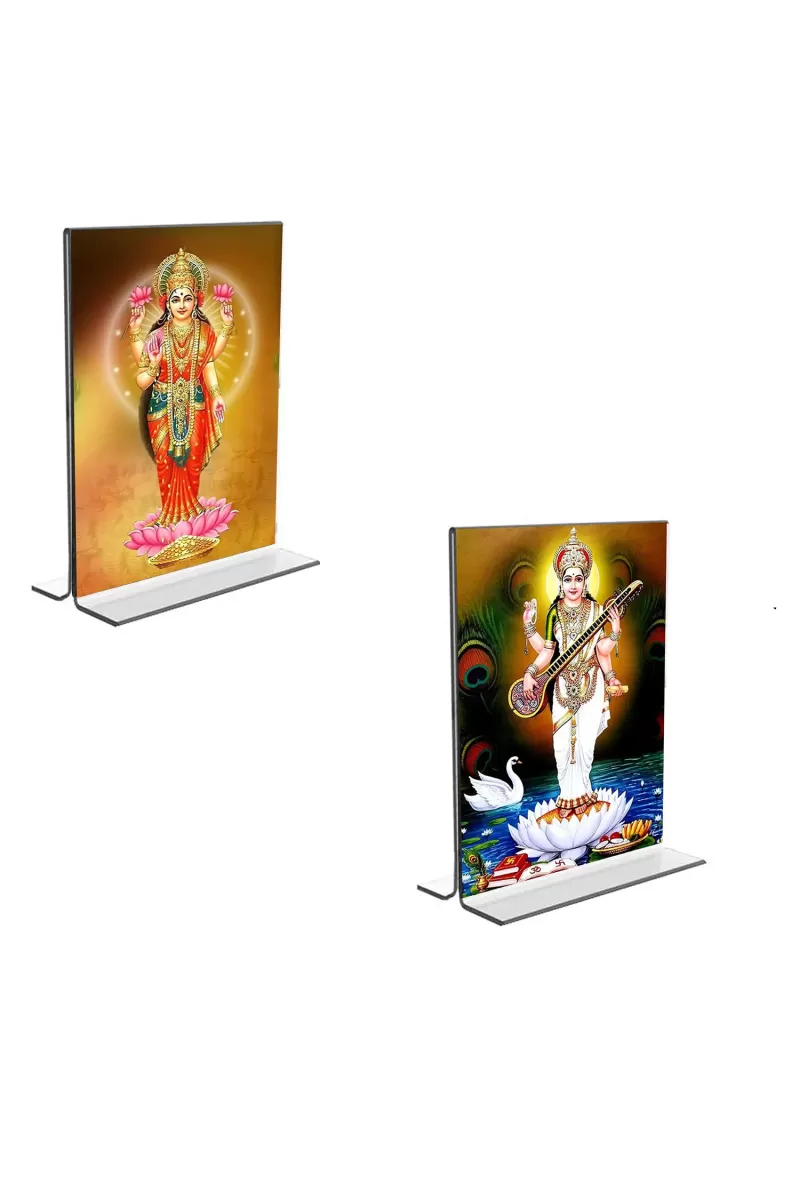 Car Desk/Table Top Maa Saraswati & Maa Lakshmi  Acrylic T-Style Photo Stand - 2.5x3.5 Inches, Compact And Stylish Spiritual Display, Easily Change  2 Photos ( Pack Of 1 ) (F9310)