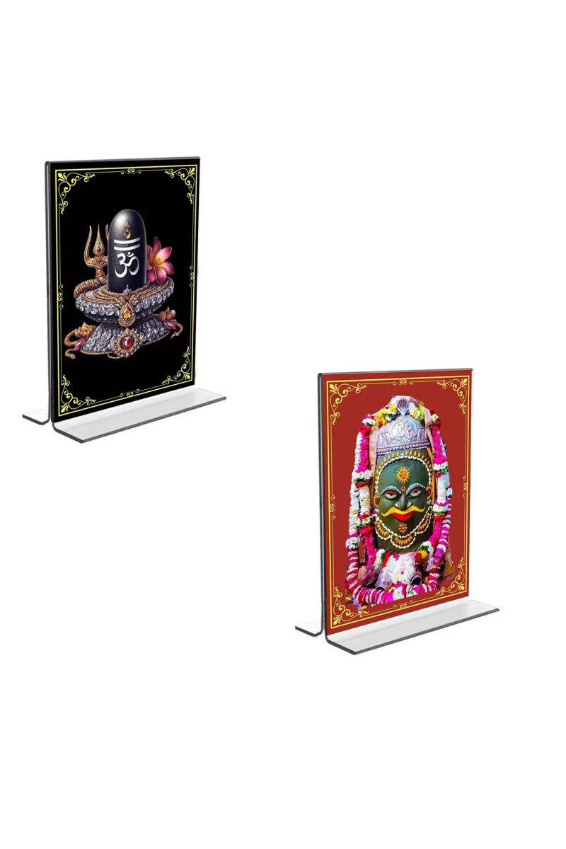 Car Desk/Table Top Lord Shiva Lingam Acrylic T-Style Photo Stand - 2.5x3.5 Inches, Compact And Stylish Spiritual Display, Easily Change  2 Photos ( Pack Of 1 ) (F9311)