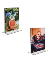 Car Desk/Table Top Maa Lokenath Baba & Neem Karoli Baba  Acrylic T-Style Photo Stand - 2.5x3.5 Inches, Compact And Stylish Spiritual Display, Easily Change  2 Photos ( Pack Of 1 ) (F9312)