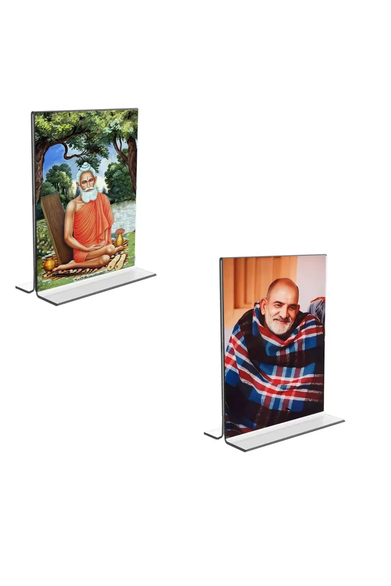 Car Desk/Table Top Maa Lokenath Baba & Neem Karoli Baba  Acrylic T-Style Photo Stand - 2.5x3.5 Inches, Compact And Stylish Spiritual Display, Easily Change  2 Photos ( Pack Of 1 ) (F9312)