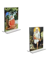 Car Desk/Table Top Lokenath Baba & Sai Baba  Acrylic T-Style Photo Stand - 2.5x3.5 Inches, Compact And Stylish Spiritual Display, Easily Change  2 Photos ( Pack Of 1 ) (F9313)