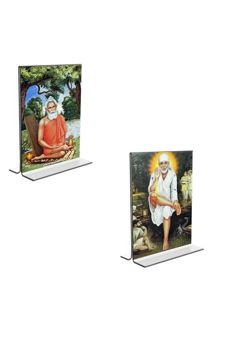 Car Desk/Table Top Lokenath Baba & Sai Baba  Acrylic T-Style Photo Stand - 2.5x3.5 Inches, Compact And Stylish Spiritual Display, Easily Change  2 Photos ( Pack Of 1 ) (F9313)