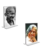 Car Desk/Table Top Mahatma Gandhi & APJ Abdul Kalam  Acrylic T-Style Photo Stand - 2.5x3.5 Inches, Compact And Stylish Spiritual Display, Easily Change  2 Photos ( Pack Of 1 ) (F9314)