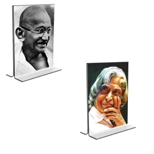 Car Desk/Table Top Mahatma Gandhi & APJ Abdul Kalam  Acrylic T-Style Photo Stand - 2.5x3.5 Inches, Compact And Stylish Spiritual Display, Easily Change  2 Photos ( Pack Of 1 ) (F9314)