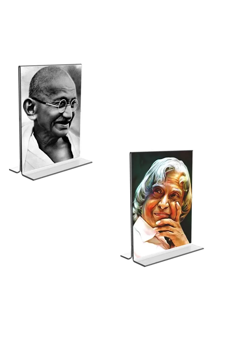 Car Desk/Table Top Mahatma Gandhi & APJ Abdul Kalam  Acrylic T-Style Photo Stand - 2.5x3.5 Inches, Compact And Stylish Spiritual Display, Easily Change  2 Photos ( Pack Of 1 ) (F9314)