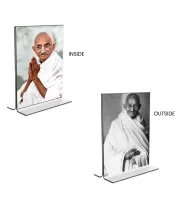 Car Desk/Table Top Mahatma Gandhi  Acrylic T-Style Photo Stand - 2.5x3.5 Inches, Compact And Stylish Spiritual Display, Easily Change  2 Photos ( Pack Of 1 ) (F9315)