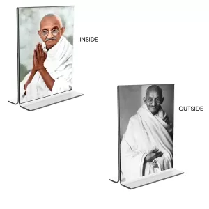 Car Desk/Table Top Mahatma Gandhi  Acrylic T-Style Photo Stand - 2.5x3.5 Inches, Compact And Stylish Spiritual Display, Easily Change  2 Photos ( Pack Of 1 ) (F9315)