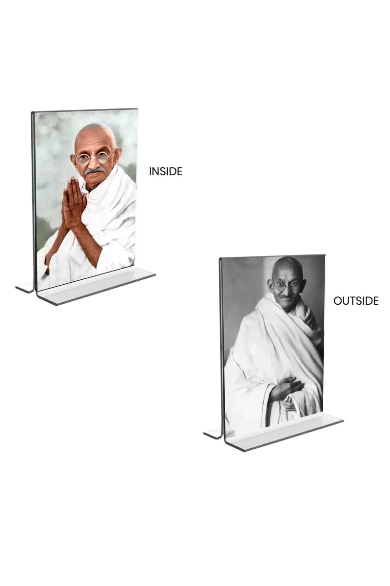 Car Desk/Table Top Mahatma Gandhi  Acrylic T-Style Photo Stand - 2.5x3.5 Inches, Compact And Stylish Spiritual Display, Easily Change  2 Photos ( Pack Of 1 ) (F9315)