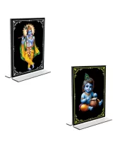 Car Desk/Table Top Sri Krishna  Acrylic T-Style Photo Stand - 2.5x3.5 Inches, Compact And Stylish Spiritual Display, Easily Change  2 Photos ( Pack Of 1 ) (F9316)