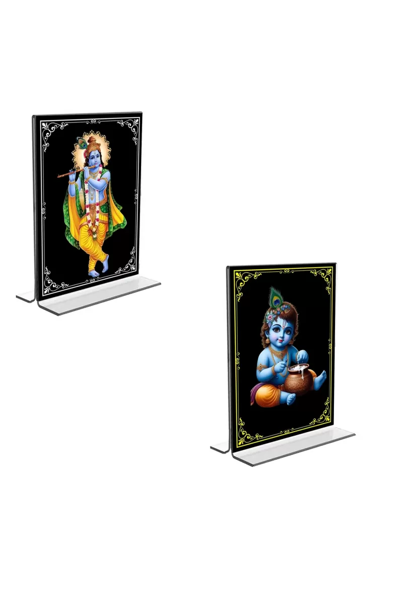 Car Desk/Table Top Sri Krishna  Acrylic T-Style Photo Stand - 2.5x3.5 Inches, Compact And Stylish Spiritual Display, Easily Change  2 Photos ( Pack Of 1 ) (F9316)