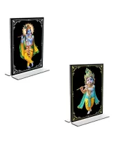 Car Desk/Table Top Sri Krishna  Acrylic T-Style Photo Stand - 2.5x3.5 Inches, Compact And Stylish Spiritual Display, Easily Change  2 Photos ( Pack Of 1 ) (F9317)