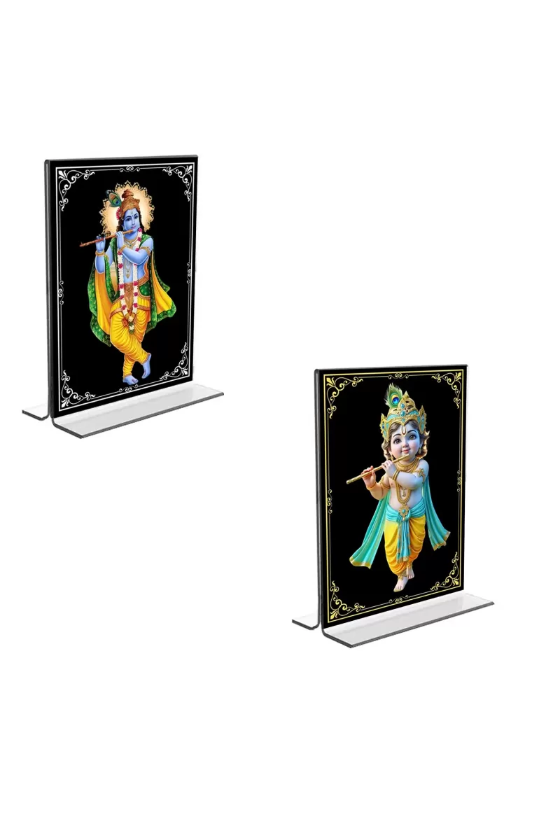 Car Desk/Table Top Sri Krishna  Acrylic T-Style Photo Stand - 2.5x3.5 Inches, Compact And Stylish Spiritual Display, Easily Change  2 Photos ( Pack Of 1 ) (F9317)