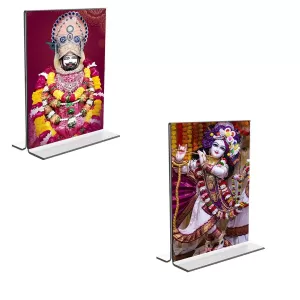 Car Desk/Table Top Lord Khatu Shyam & Sri Krishna Acrylic T-Style Photo Stand - 2.5x3.5 Inches, Compact And Stylish Spiritual Display, Easily Change 2 Photos ( Pack Of 1 ) (F9318) Car Desk/Table Top Lord Khatu Shyam & Sri Krishna Acrylic T-Style Photo Stand - 2.5x3.5 Inches, Compact And Stylish Spiritual Display, Easily Change 2 Photos ( Pack Of 1 ) (F9318)