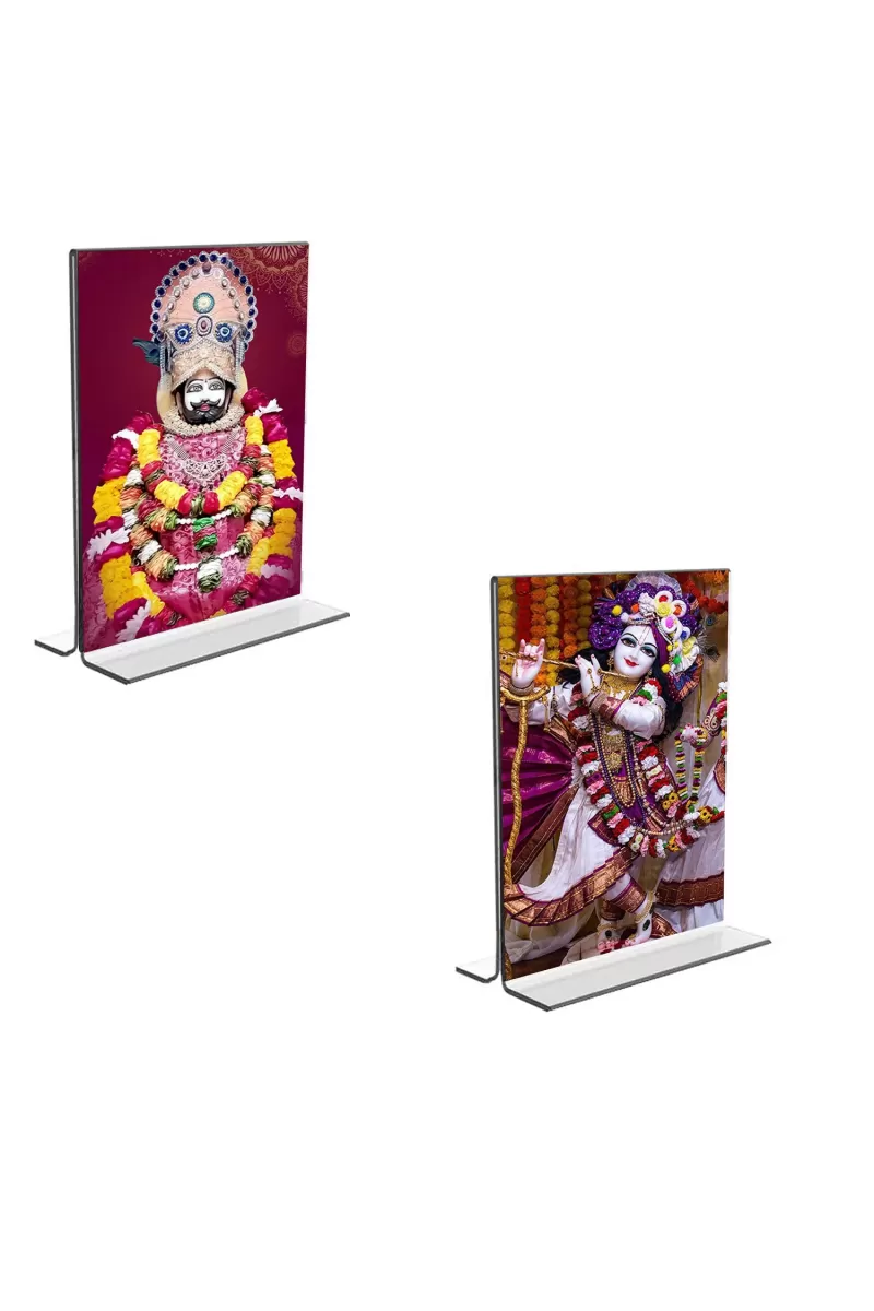 Car Desk/Table Top Lord Khatu Shyam & Sri Krishna  Acrylic T-Style Photo Stand - 2.5x3.5 Inches, Compact And Stylish Spiritual Display, Easily Change  2 Photos ( Pack Of 1 ) (F9318)
