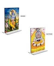 Car Desk/Table Top Lord Khatu Shyam & Sri Krishna  Acrylic T-Style Photo Stand - 2.5x3.5 Inches, Compact And Stylish Spiritual Display, Easily Change  2 Photos ( Pack Of 1 ) (F9319)