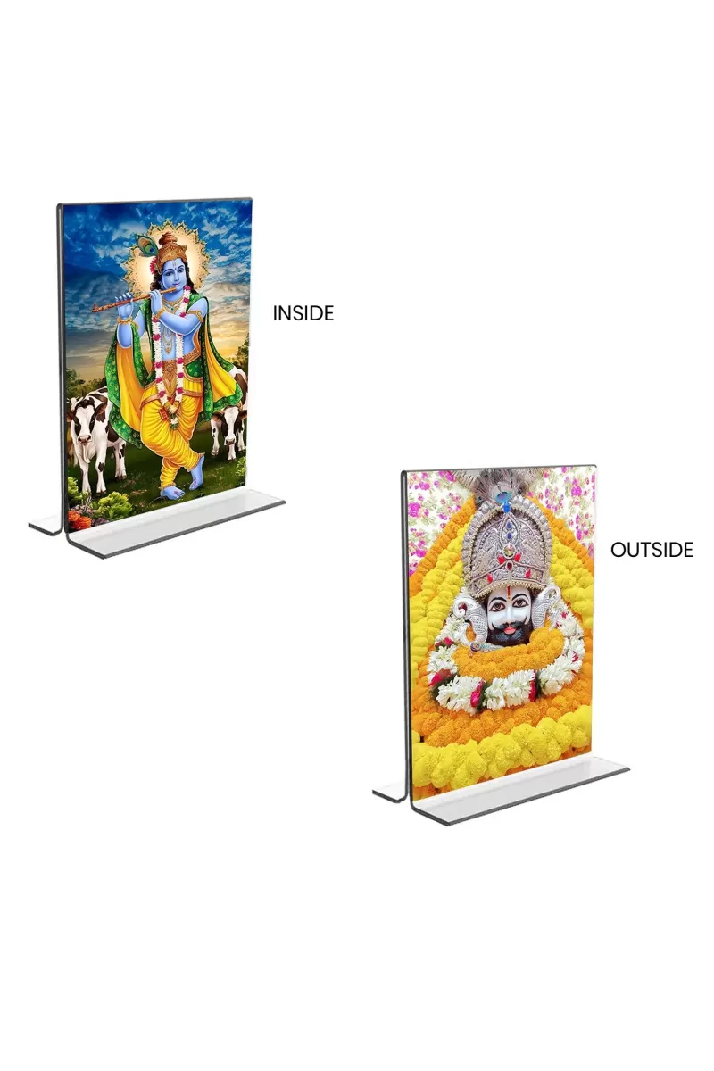 Car Desk/Table Top Lord Khatu Shyam & Sri Krishna  Acrylic T-Style Photo Stand - 2.5x3.5 Inches, Compact And Stylish Spiritual Display, Easily Change  2 Photos ( Pack Of 1 ) (F9319)