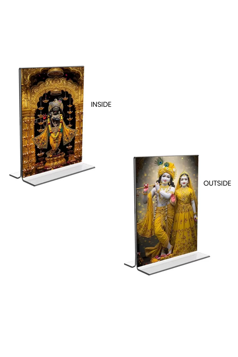Car Desk/Table Top Sri Radha Krishna &  Sri Krishna  Acrylic T-Style Photo Stand - 2.5x3.5 Inches, Compact And Stylish Spiritual Display, Easily Change  2 Photos ( Pack Of 1 ) (F9320)