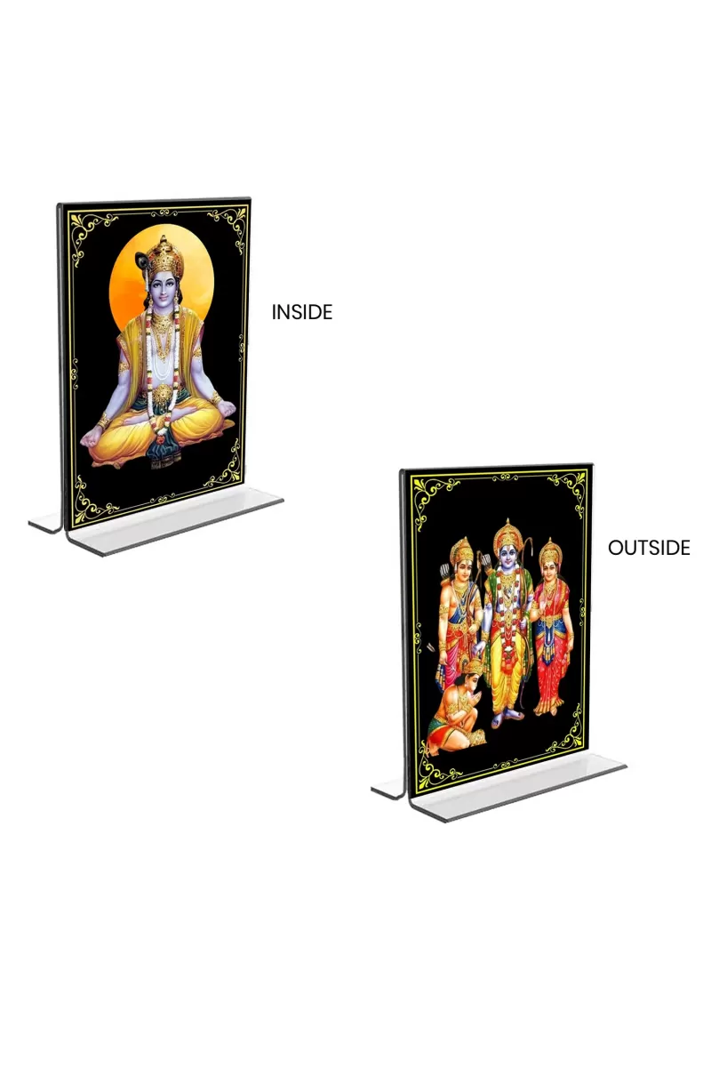 Car Desk/Table Top Sri Krishna & Ram Darbar  Acrylic T-Style Photo Stand - 2.5x3.5 Inches, Compact And Stylish Spiritual Display, Easily Change  2 Photos ( Pack Of 1 ) (F9321)