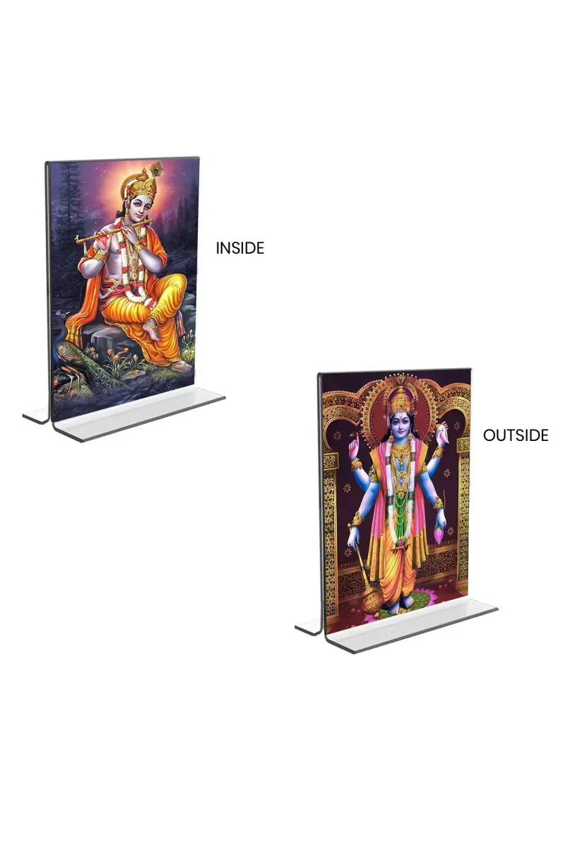 Car Desk/Table Top Sri Krishna & Lord Narayan  Acrylic T-Style Photo Stand - 2.5x3.5 Inches, Compact And Stylish Spiritual Display, Easily Change  2 Photos ( Pack Of 1 ) (F9322)