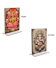 Car Desk/Table Top Maa Lakshmi & Sri Ganesh  Acrylic T-Style Photo Stand - 2.5x3.5 Inches, Compact And Stylish Spiritual Display, Easily Change  2 Photos ( Pack Of 1 ) (F9323)