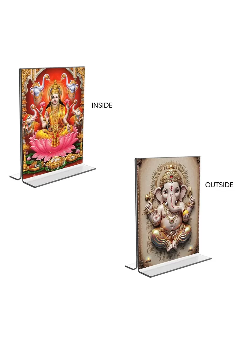 Car Desk/Table Top Maa Lakshmi & Sri Ganesh  Acrylic T-Style Photo Stand - 2.5x3.5 Inches, Compact And Stylish Spiritual Display, Easily Change  2 Photos ( Pack Of 1 ) (F9323)