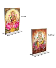 Car Desk/Table Top Maa Lakshmi & Sri Ganesh  Acrylic T-Style Photo Stand - 2.5x3.5 Inches, Compact And Stylish Spiritual Display, Easily Change  2 Photos ( Pack Of 1 ) (F9327)