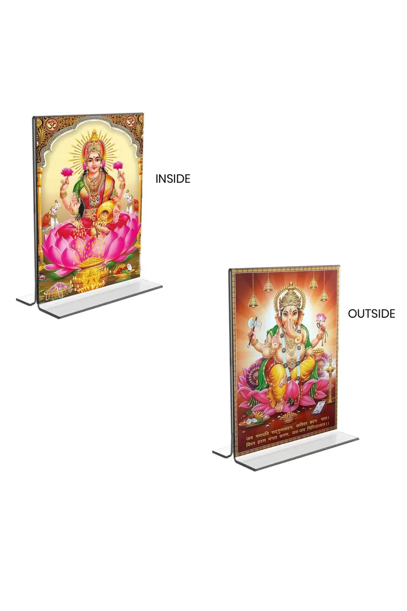 Car Desk/Table Top Maa Lakshmi & Sri Ganesh  Acrylic T-Style Photo Stand - 2.5x3.5 Inches, Compact And Stylish Spiritual Display, Easily Change  2 Photos ( Pack Of 1 ) (F9327)