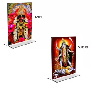 Car Desk/Table Top Maa Kali  Acrylic T-Style Photo Stand - 2.5x3.5 Inches, Compact And Stylish Spiritual Display, Easily Change  2 Photos ( Pack Of 1 ) (F9328)