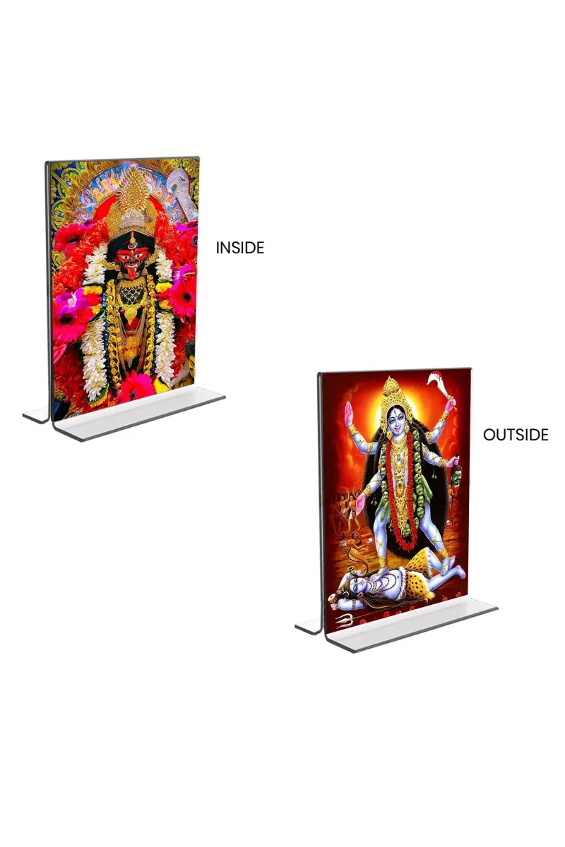 Car Desk/Table Top Maa Kali  Acrylic T-Style Photo Stand - 2.5x3.5 Inches, Compact And Stylish Spiritual Display, Easily Change  2 Photos ( Pack Of 1 ) (F9328)