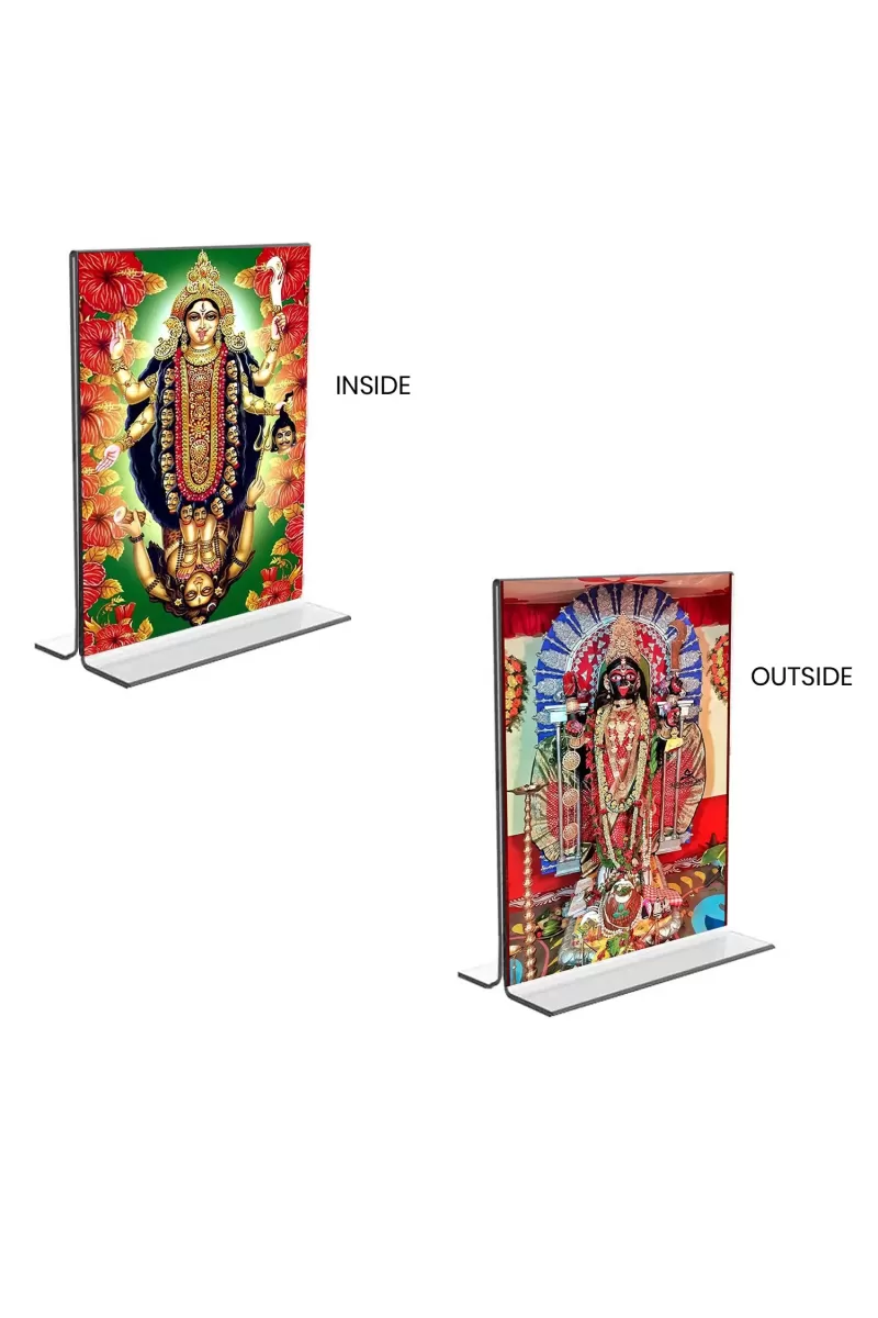 Car Desk/Table Top Maa Kali & Dakshineswar Kali  Acrylic T-Style Photo Stand - 2.5x3.5 Inches, Compact And Stylish Spiritual Display, Easily Change  2 Photos ( Pack Of 1 ) (F9329)