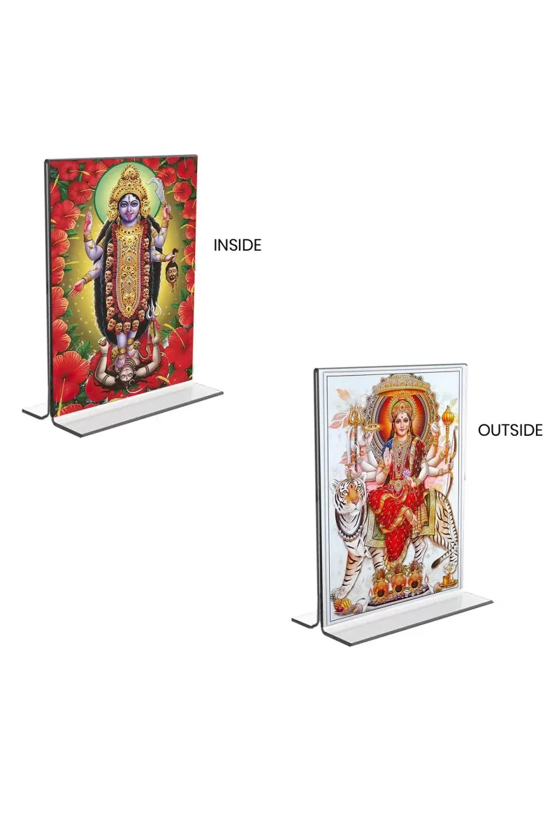 Car Desk/Table Top Maa Kali & Maa Durga  Acrylic T-Style Photo Stand - 2.5x3.5 Inches, Compact And Stylish Spiritual Display, Easily Change  2 Photos ( Pack Of 1 ) (F9330)