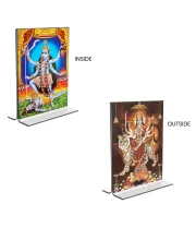 Car Desk/Table Top Maa Kali & Maa Durga  Acrylic T-Style Photo Stand - 2.5x3.5 Inches, Compact And Stylish Spiritual Display, Easily Change  2 Photos ( Pack Of 1 ) (F9331)