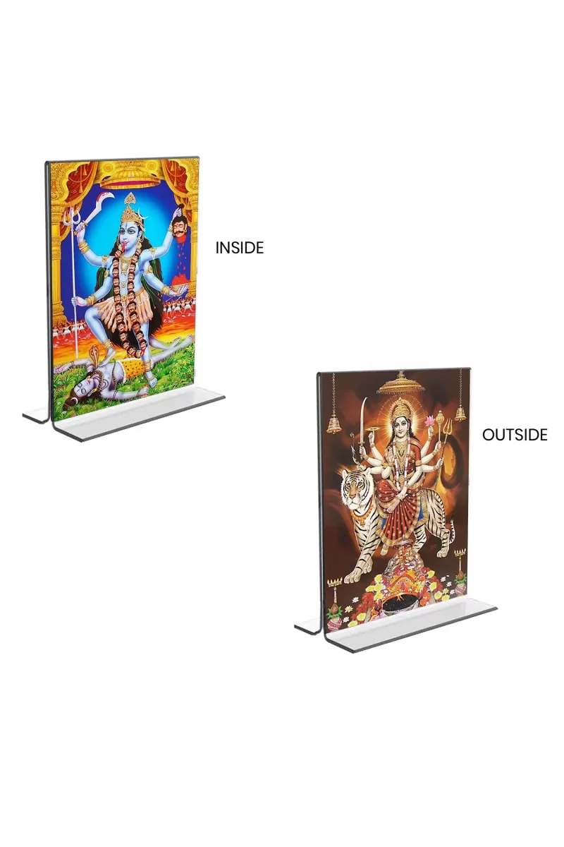 Car Desk/Table Top Maa Kali & Maa Durga  Acrylic T-Style Photo Stand - 2.5x3.5 Inches, Compact And Stylish Spiritual Display, Easily Change  2 Photos ( Pack Of 1 ) (F9331)