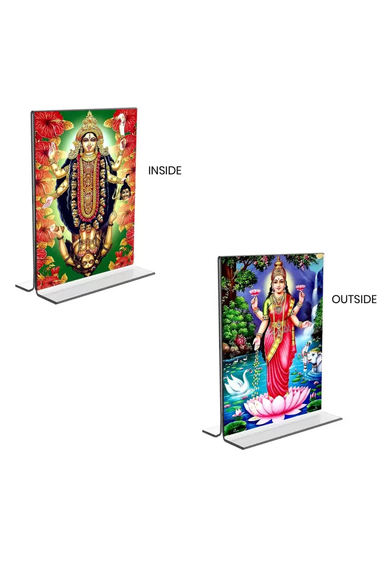 Car Desk/Table Top Maa Kali & Maa Lakshmi  Acrylic T-Style Photo Stand - 2.5x3.5 Inches, Compact And Stylish Spiritual Display, Easily Change  2 Photos ( Pack Of 1 ) (F9332)