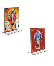 Car Desk/Table Top Maa Kali & Dakshineswar Kali  Acrylic T-Style Photo Stand - 2.5x3.5 Inches, Compact And Stylish Spiritual Display, Easily Change  2 Photos ( Pack Of 1 ) (F9333)