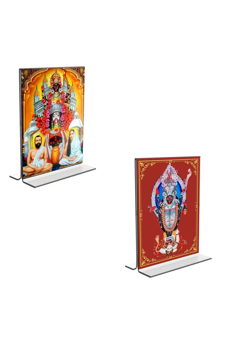 Car Desk/Table Top Maa Kali & Dakshineswar Kali  Acrylic T-Style Photo Stand - 2.5x3.5 Inches, Compact And Stylish Spiritual Display, Easily Change  2 Photos ( Pack Of 1 ) (F9333)