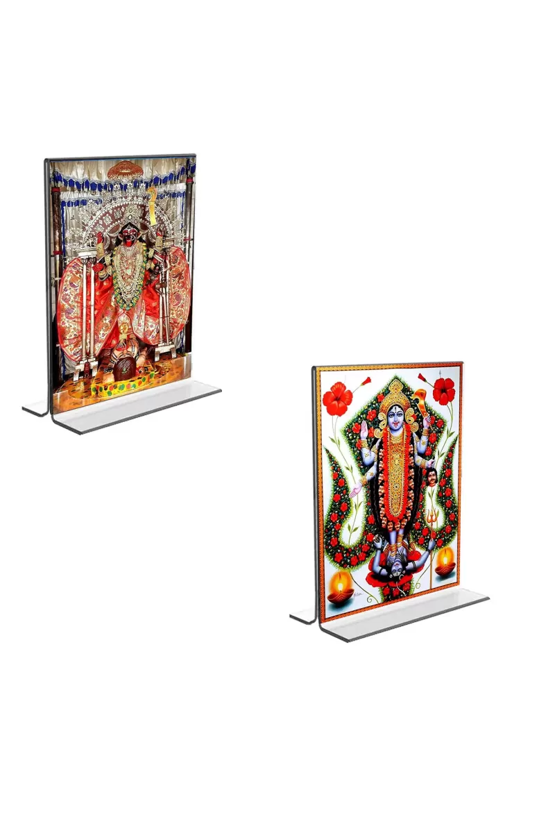 Car Desk/Table Top Maa Kali & Dakshineswar Kali  Acrylic T-Style Photo Stand - 2.5x3.5 Inches, Compact And Stylish Spiritual Display, Easily Change  2 Photos ( Pack Of 1 ) (F9334)