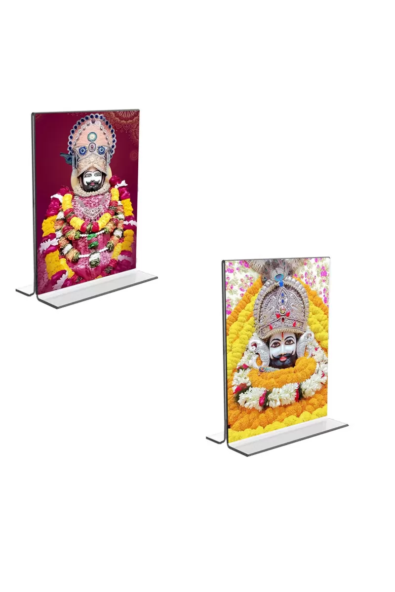 Car Desk/Table Top Lord Khatu Shyam  Acrylic T-Style Photo Stand - 2.5x3.5 Inches, Compact And Stylish Spiritual Display, Easily Change  2 Photos ( Pack Of 1 ) (F9336)