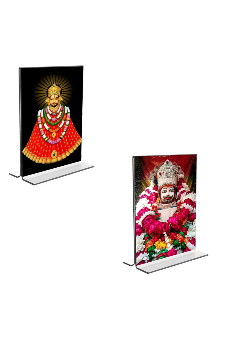 Car Desk/Table Top Lord Khatu Shyam  Acrylic T-Style Photo Stand - 2.5x3.5 Inches, Compact And Stylish Spiritual Display, Easily Change  2 Photos ( Pack Of 1 ) (F9337)