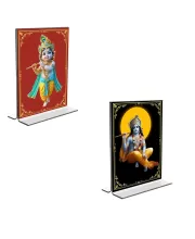 Car Desk/Table Top Lord Krishna  Acrylic T-Style Photo Stand - 2.5x3.5 Inches, Compact And Stylish Spiritual Display, Easily Change  2 Photos ( Pack Of 1 ) (F9338)