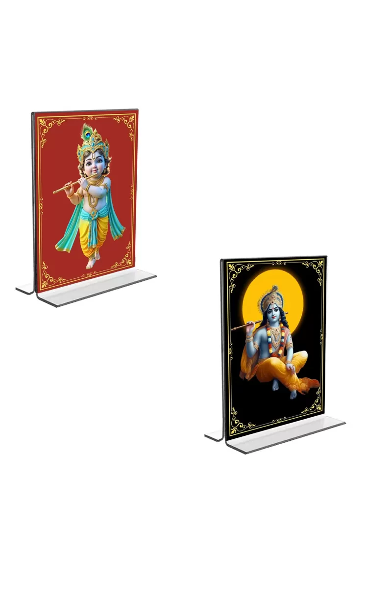 Car Desk/Table Top Lord Krishna  Acrylic T-Style Photo Stand - 2.5x3.5 Inches, Compact And Stylish Spiritual Display, Easily Change  2 Photos ( Pack Of 1 ) (F9338)