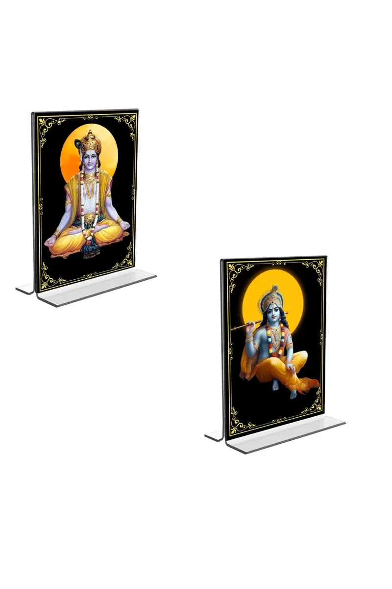 Car Desk/Table Top Lord Krishna  Acrylic T-Style Photo Stand - 2.5x3.5 Inches, Compact And Stylish Spiritual Display, Easily Change  2 Photos ( Pack Of 1 ) (F9339)