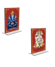 Car Desk/Table Top Sri Ganesh & Panchmukhi Hanuman  Acrylic T-Style Photo Stand - 2.5x3.5 Inches, Compact And Stylish Spiritual Display, Easily Change  2 Photos ( Pack Of 1 ) (F9340)